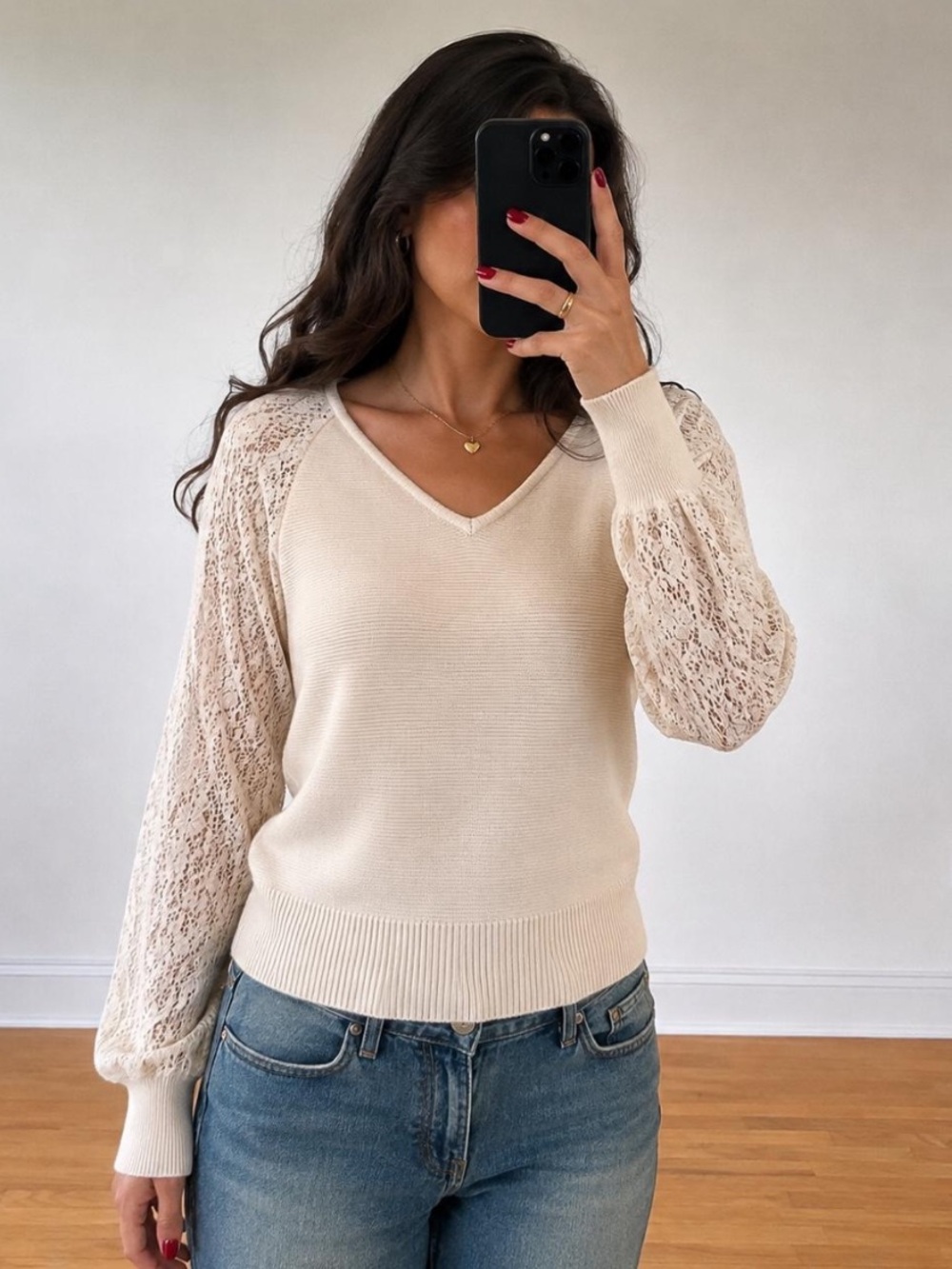 Zosia Cream Lace Sleeve Knit Sweater Women M Vneck Soft Minimalist Work